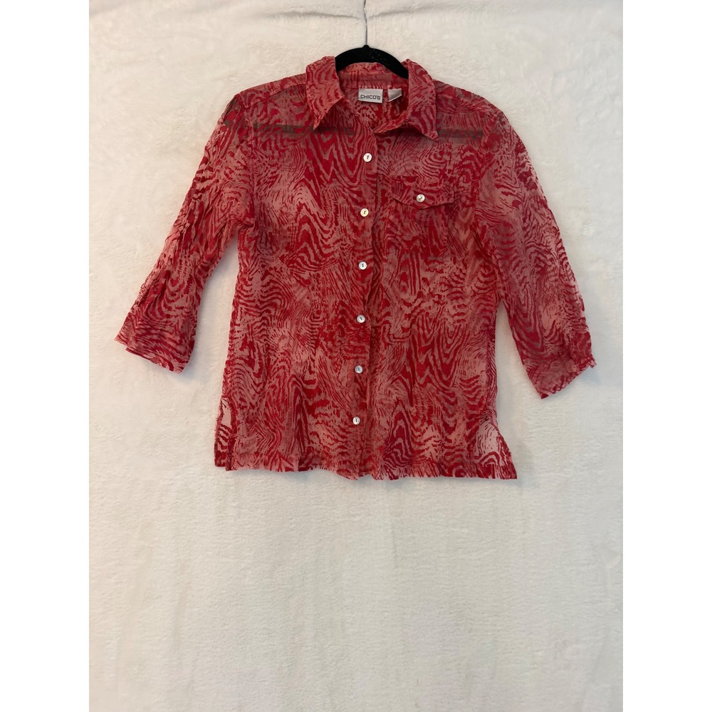 Chicos Red Pink Abstract Burnout Button Down Shirt Sheer 3/4 Sleeve Size 1 M‎